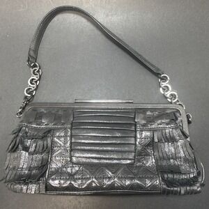 David & Scotti Metallic Gray Shoulder Fringe Metal Handle Handbag Purse w Mirror